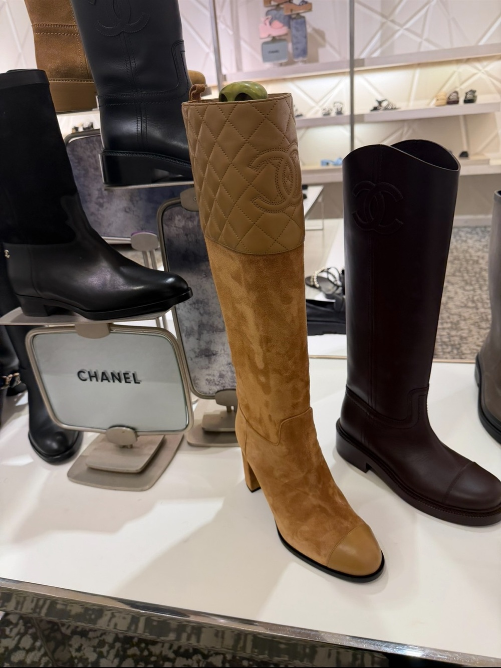RARE CHANEL Tan Quilted Suede & Leather Knee Boot - Picture 3 of 6
